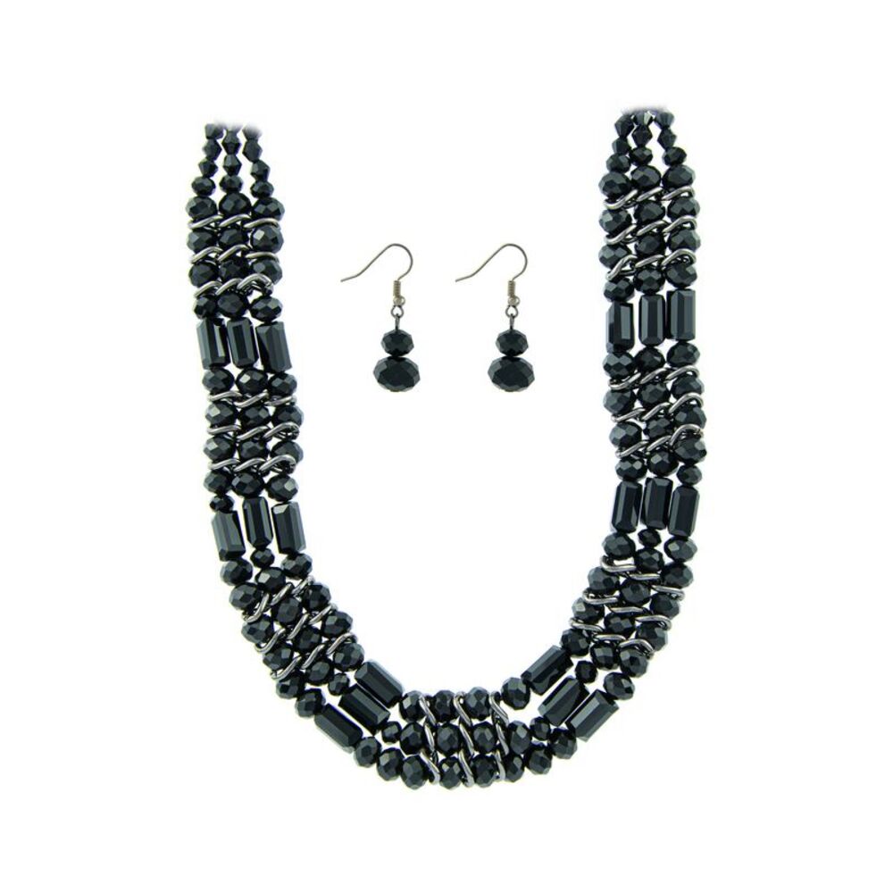 The Skyline Collection Black Crystal Layered Beaded Necklace and Earring Set